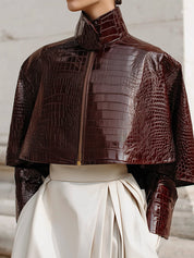 Minimalist Cape Collar Glossy Crocodile Eco-leather Jacket