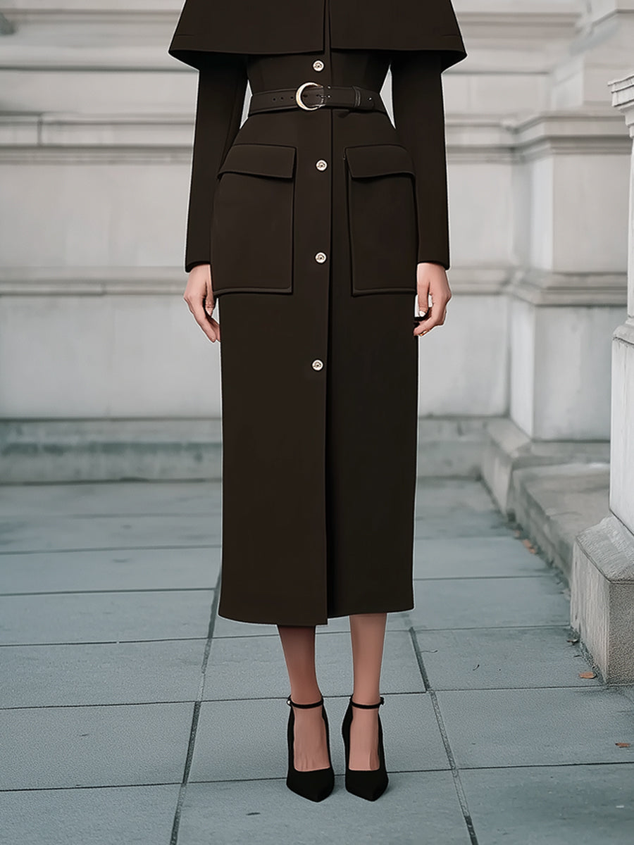 Old Money Classic Noir Structured Cloak Wool Coat