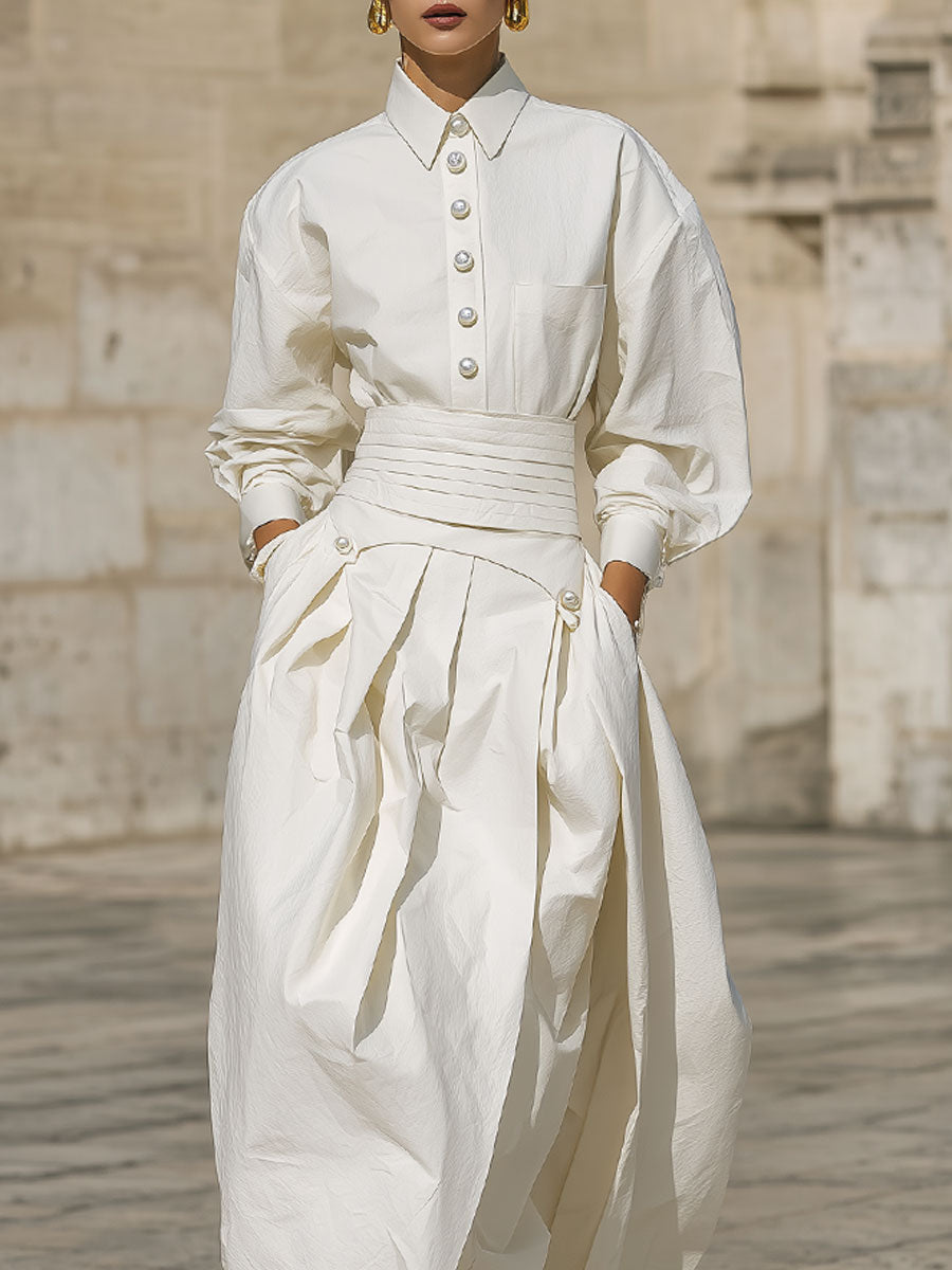 Stylish Off-shoulder Pearl Button Cotton Blouse & Deconstructed Pleated Skirt Set