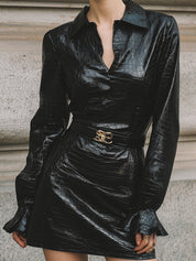90s Minimalism Crocodile Pattern Eco-friendly Leather Mini Dress With Belt