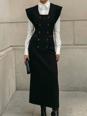 Androgynous Chic Slim-fit Double-breasted Cap-sleeve Maxi Dress