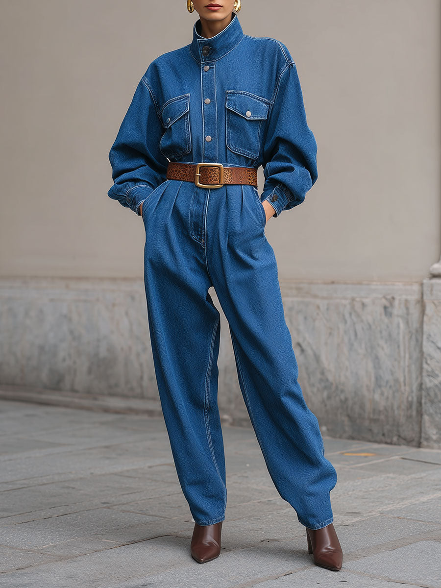 Minimalist Stand-up Collar Dropped Shoulder Sleeves Jacket & Pinched Waist Carrot Jeans Set