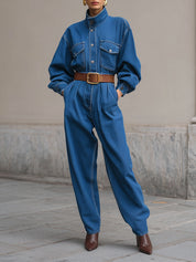 Minimalist Stand-up Collar Dropped Shoulder Sleeves Jacket & Pinched Waist Carrot Jeans Set