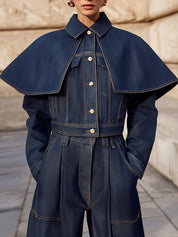 Stylish Removable Poncho Collar Washed Denim Cropped Boxy Jacket