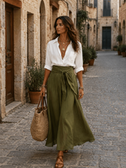Effortless Boho Black Blouse & Olive Satin Midi Skirt Set