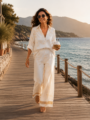Bohemian Luxe Butterfly Jacquard Blouse & Wide-Leg Pants Set