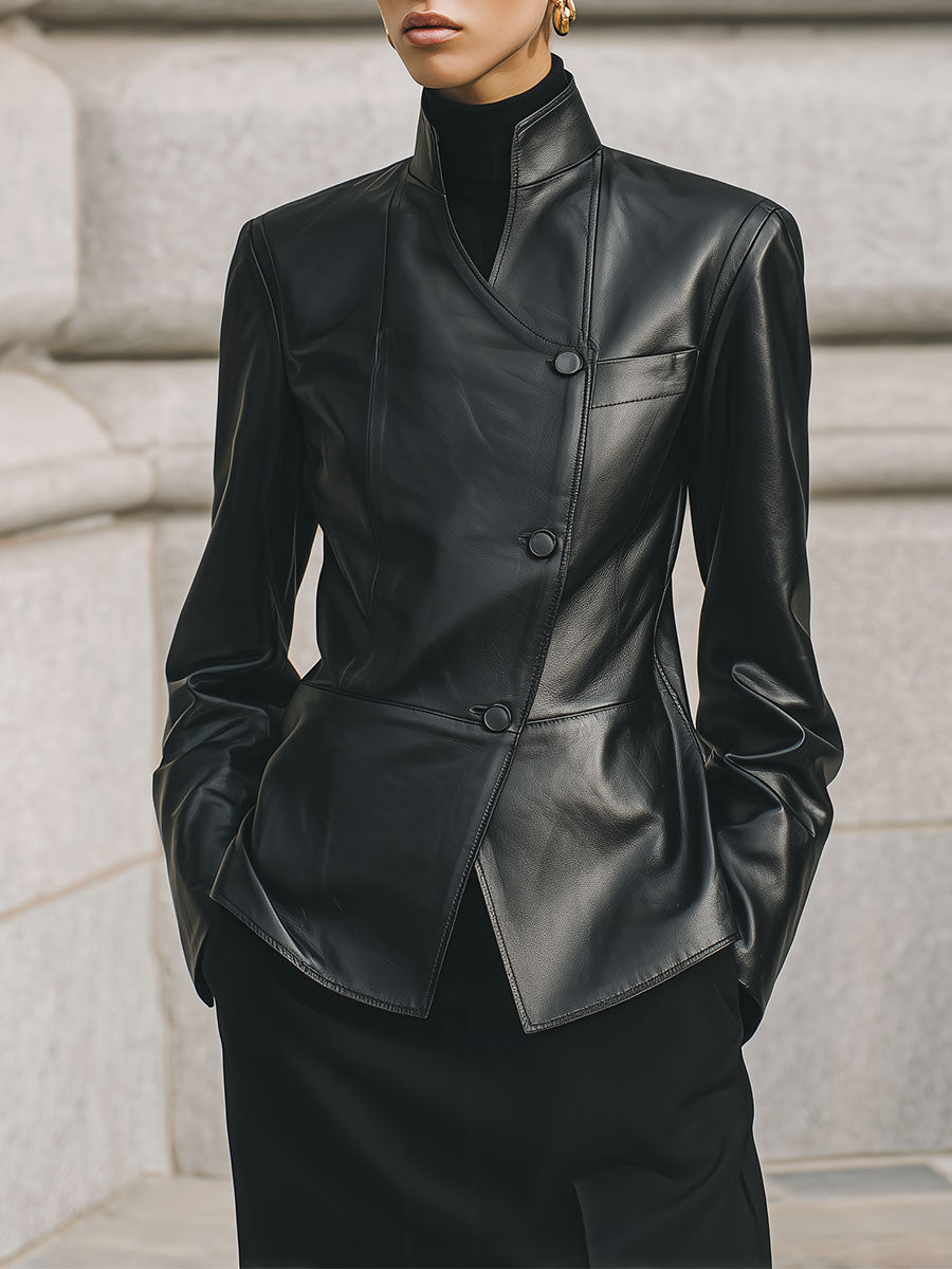 Deconstructed Minimalist Stand Collar Diagonal Placket Eco-friendly Leather Jacket