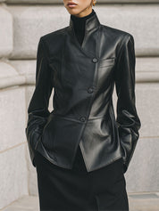 Deconstructed Minimalist Stand Collar Diagonal Placket Eco-friendly Leather Jacket