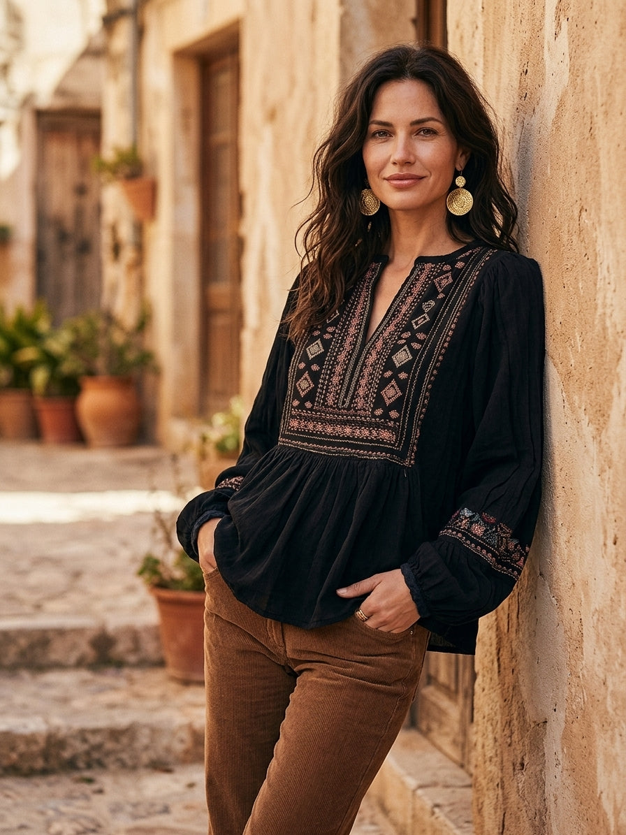 Women's Boho Embroidered Zip-Up Peplum Long Balloon Sleeves Blouse