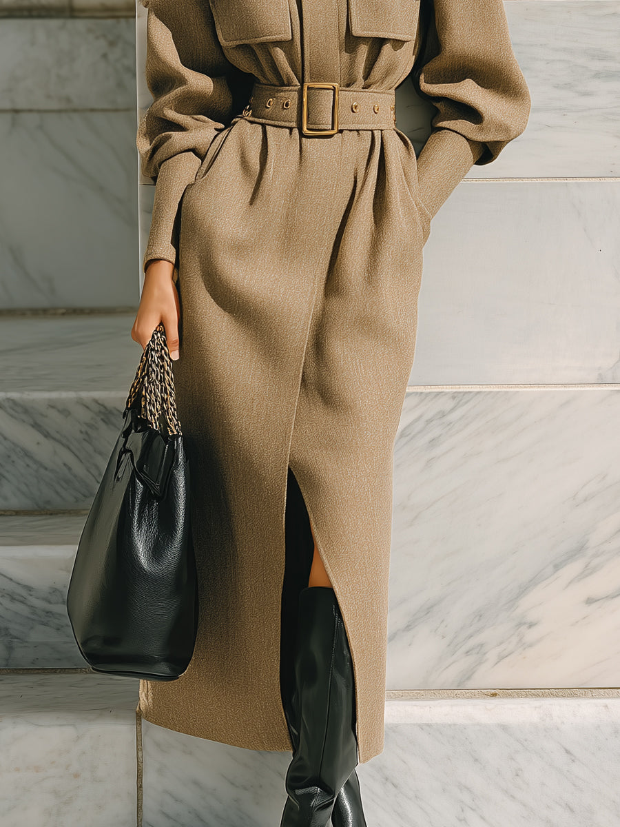Old Money Stand Collar Lantern Sleeve Wool Mid-length Coat With Belt