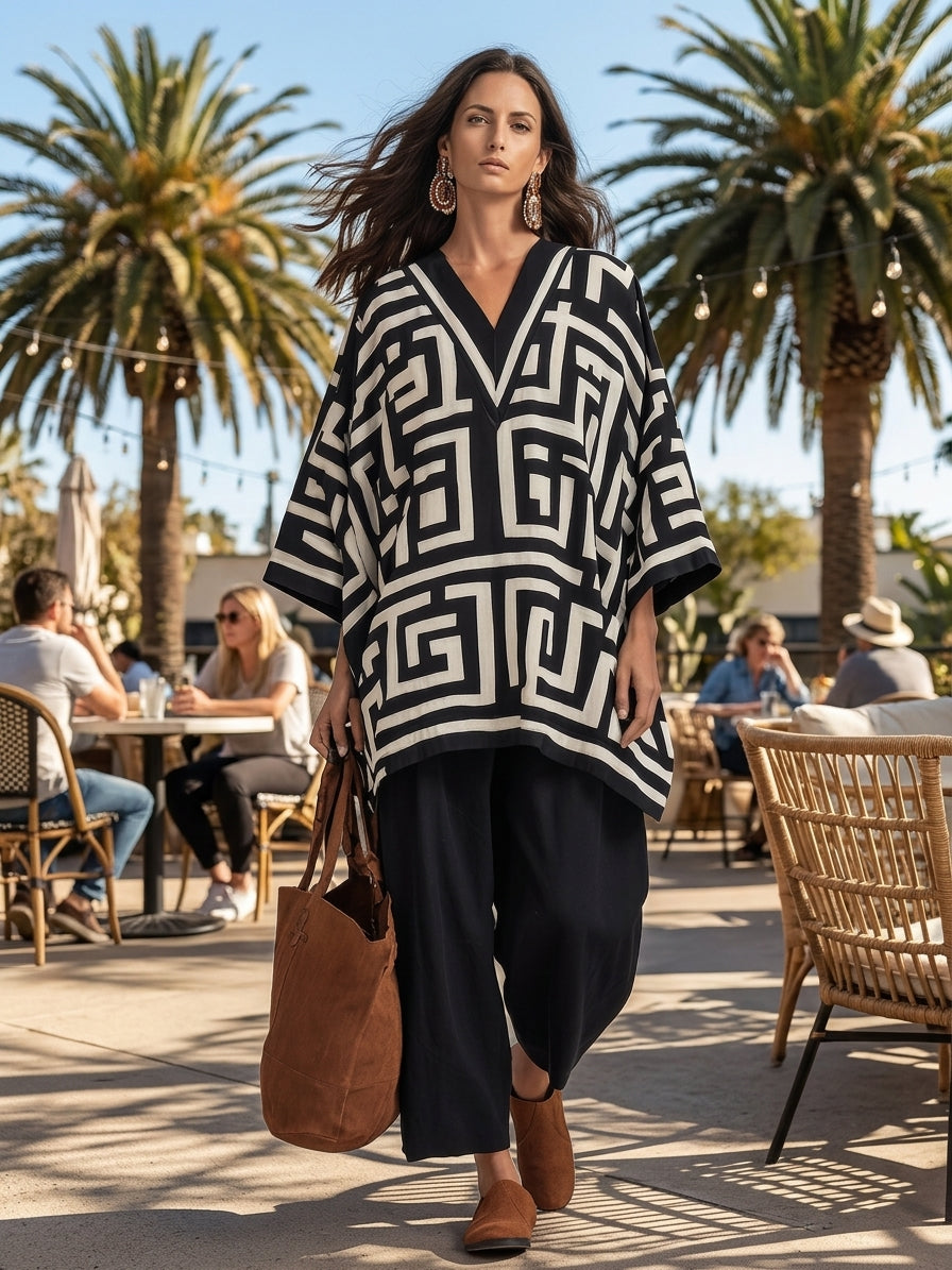 Artisan Cotton Blend Oversized-Fit Monochrome Pattern Poncho Blouse And Pant Set