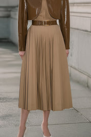 Minimalist Retro Eco-friendly Leather Jacket And Mid-Length Skirt Set With Belt