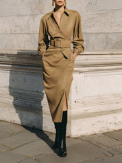 Old Money Crocodile Pattern Blouse & Suede Side Slit Skirt Suit