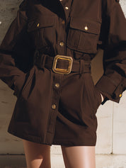 Deconstructed Military Uniform Cotton-blend Flap Pocket Mini Dress With Belt