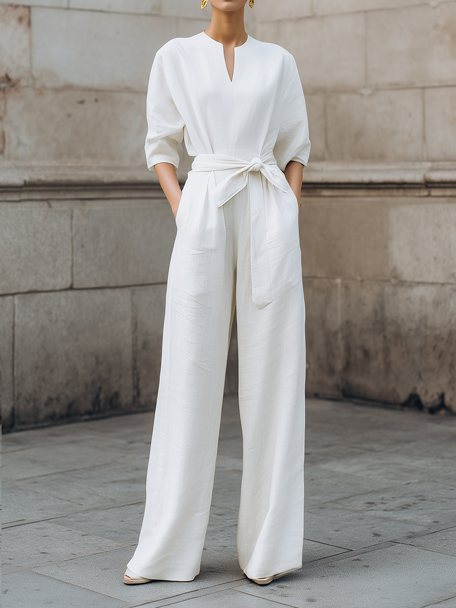 Quiet-Luxury Minimalist Belted Wide-Leg Jumpsuit