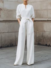 Quiet-Luxury Minimalist Belted Wide-Leg Jumpsuit