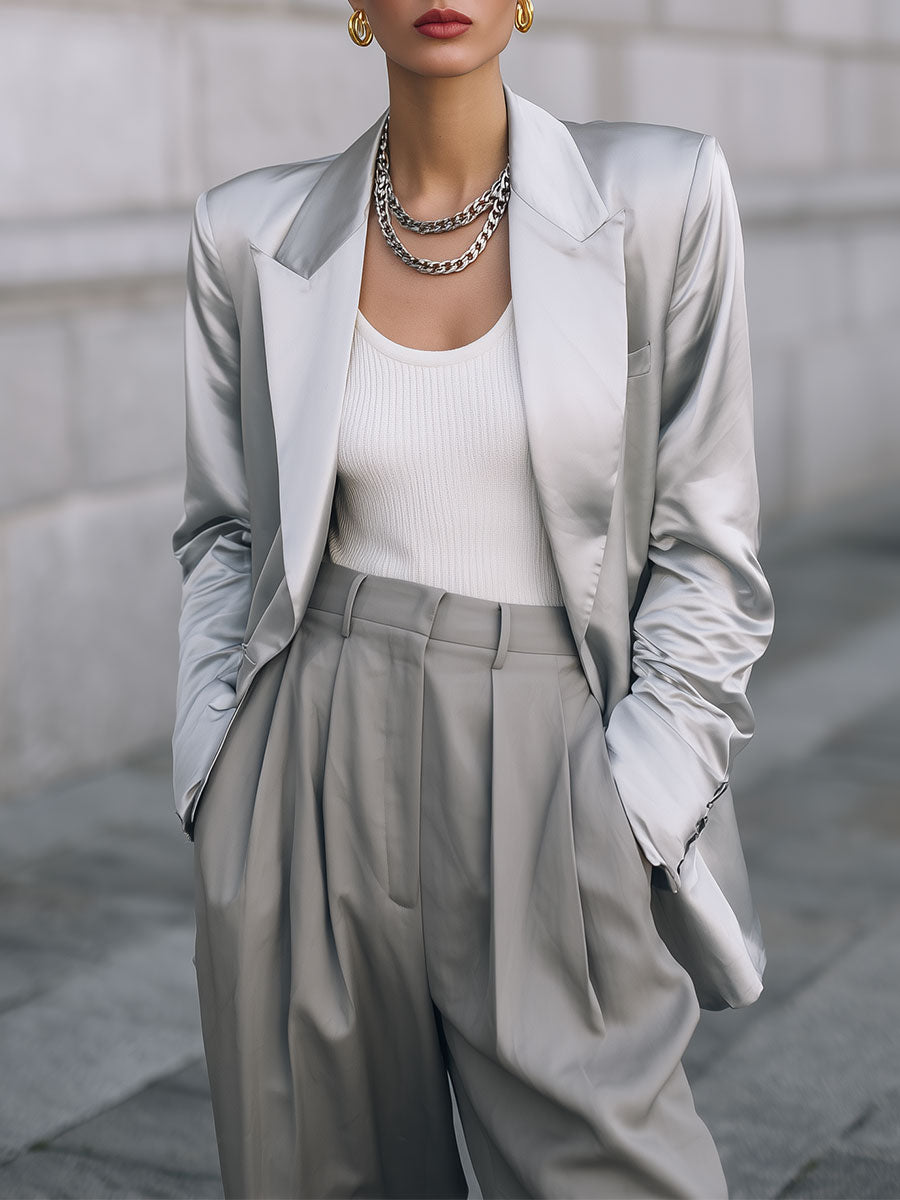 Minimalist Lapel Shoulder Pad Metallic Texture Blazer