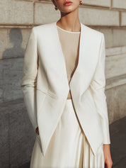 Minimalist Collarless V-Neck Wool Blazer ﻿