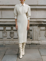 Old Money Plaid Shoulder Pads And Spliced neckline Midi Dress