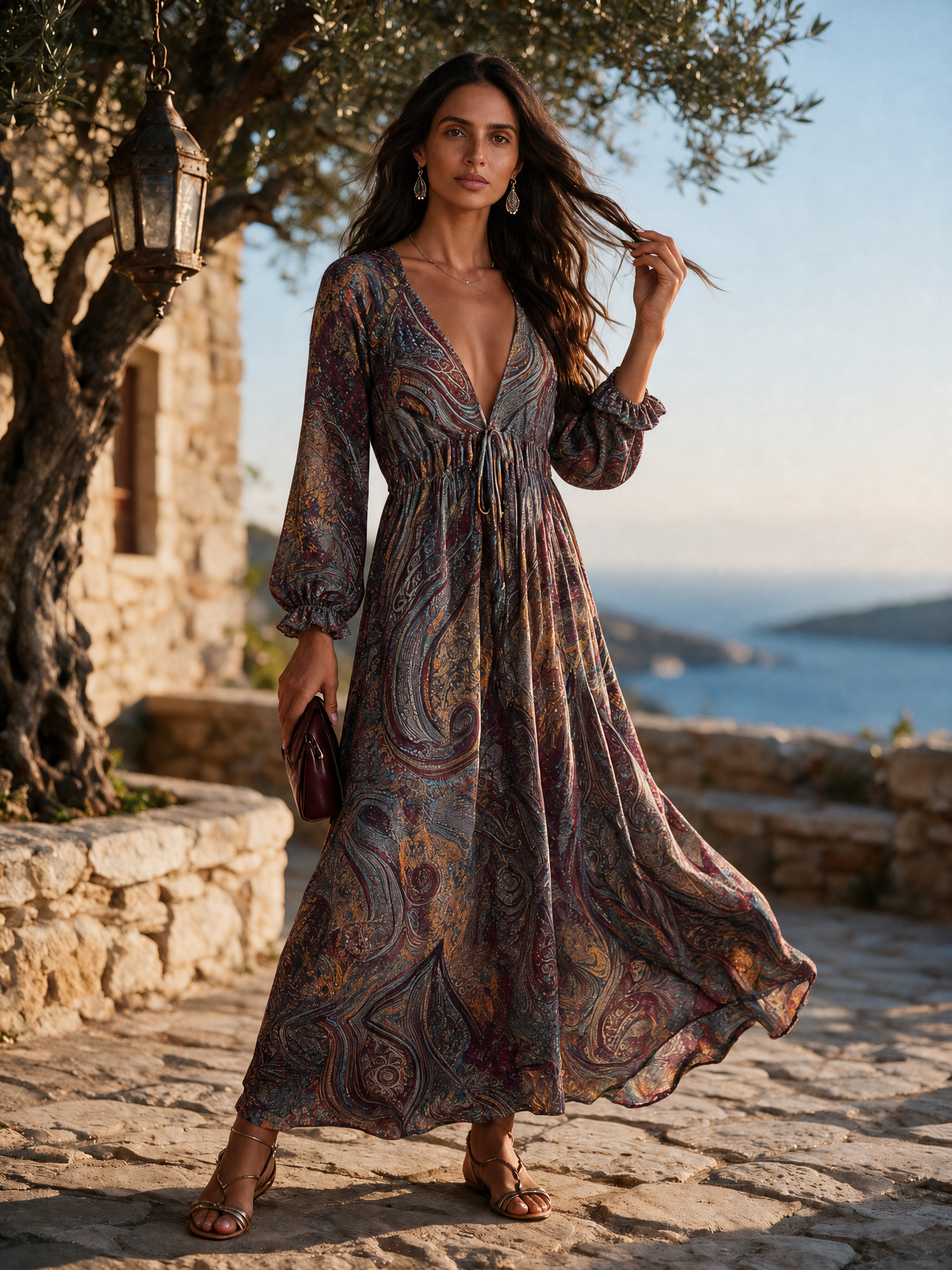 Vintage Paisley Print V neck Dress With Tie Waist