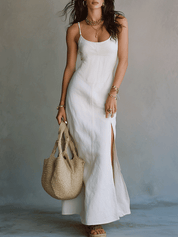 Elegant White Minimal Strappy Slit Maxi Dress