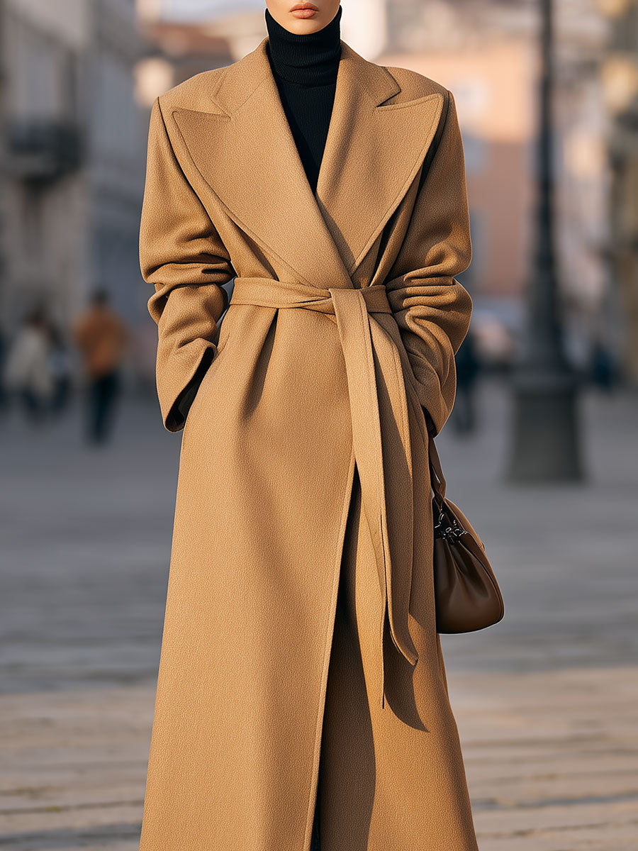 90s Minimalist Lapel Mid-length Woolen Coat With Belt