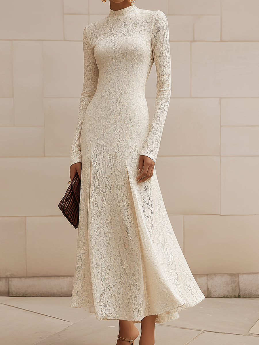 Elegant Commuter Versatile Pinch Pleated Half Turtleneck Slim Lace Midi Dress