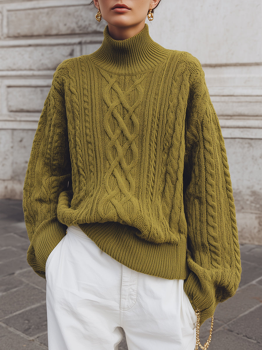 Commuting Turtleneck Drop Sleeve Cable Knit Sweater