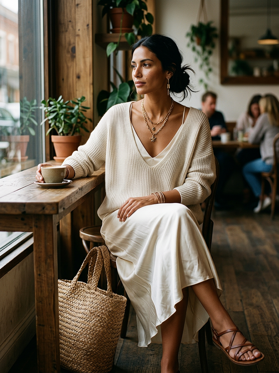 Effortless Ivory Knit & Satin Midi Ensemble