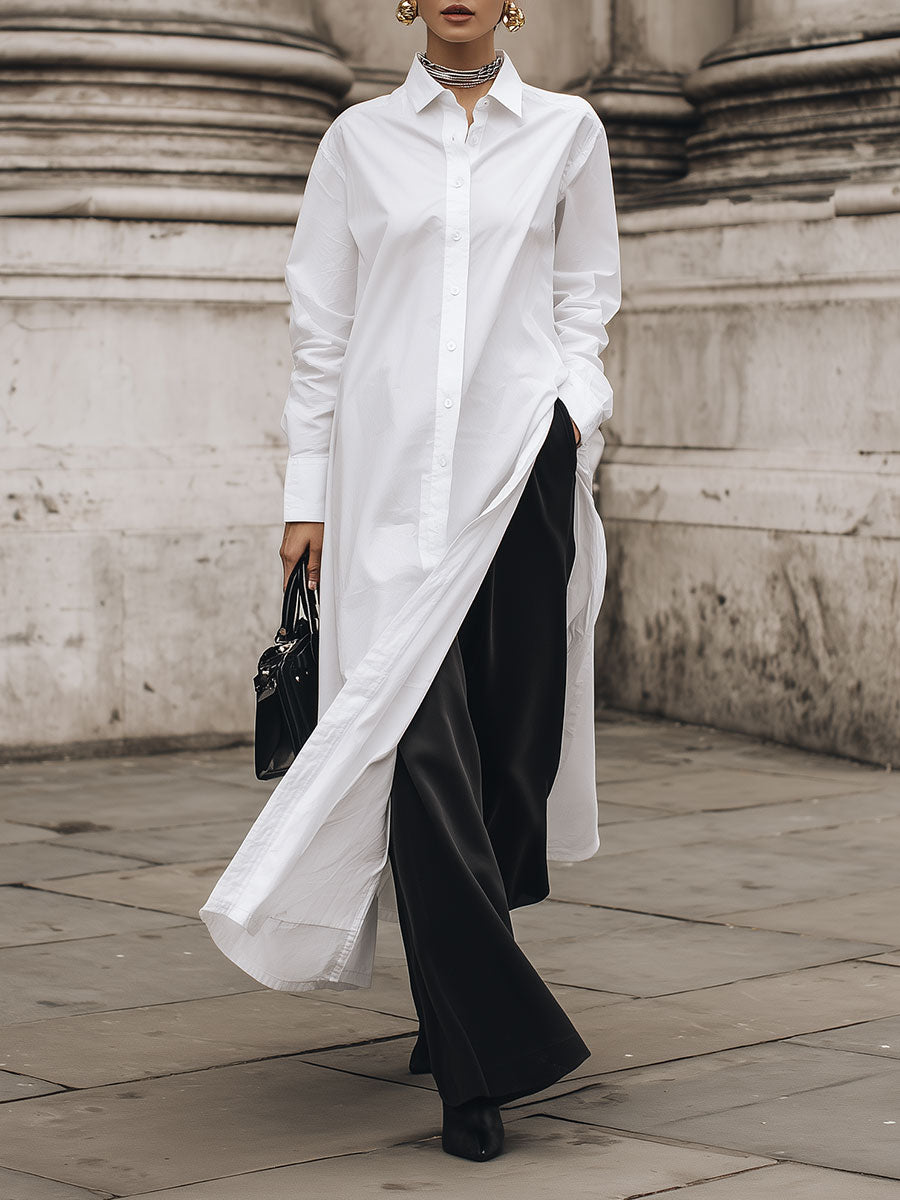 Commuting Minimalist Cotton Long Shirt Dress With High Side Slits
