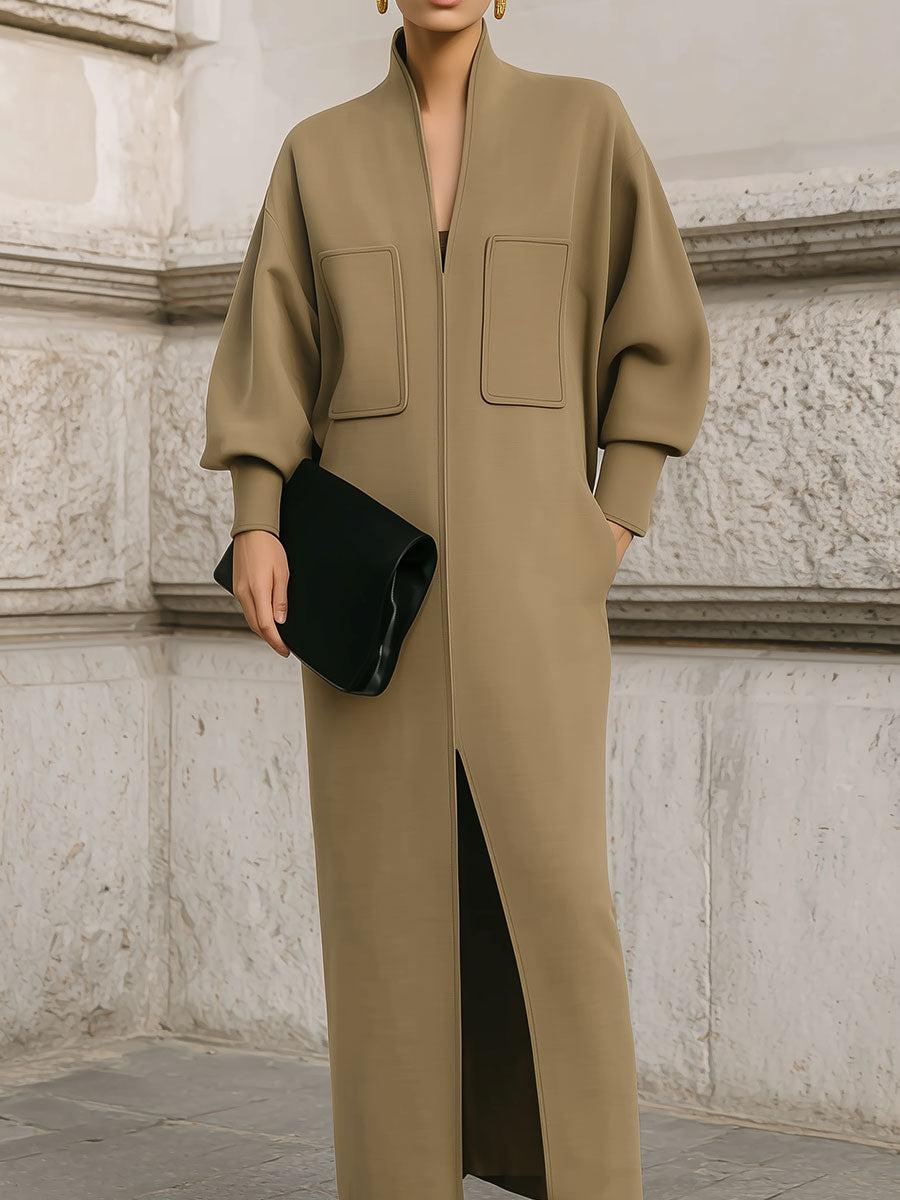 Deconstructed V-neck Lantern Sleeves Mid Dress With Front Slit