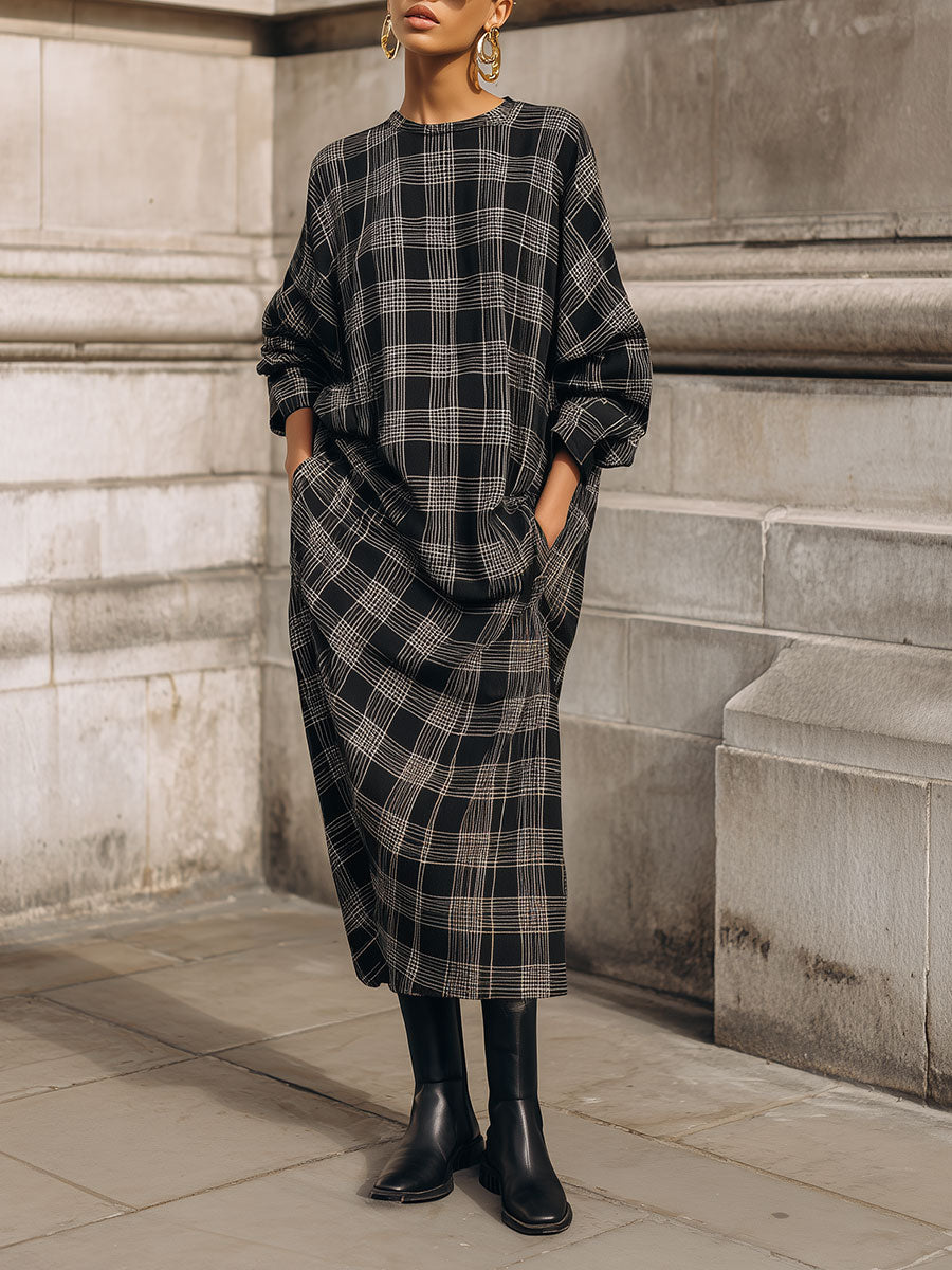 Casual Plaid Oversized Straight Drop Shoulder Midi Dress