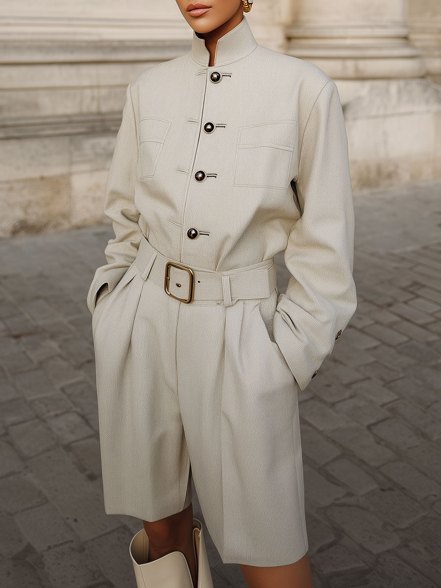 Neutral Style Stand-collar Jacket & Wide-leg Shorts Set With Belt