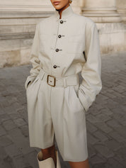 Neutral Style Stand-collar Jacket & Wide-leg Shorts Set With Belt
