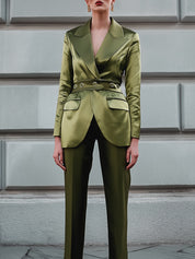 Retro-Glam Architectural Satin Blazer And Wide-Leg Pant Set