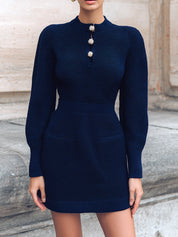 Vintage Chic Textured Knit Mini Dress With Exquisite Buttons
