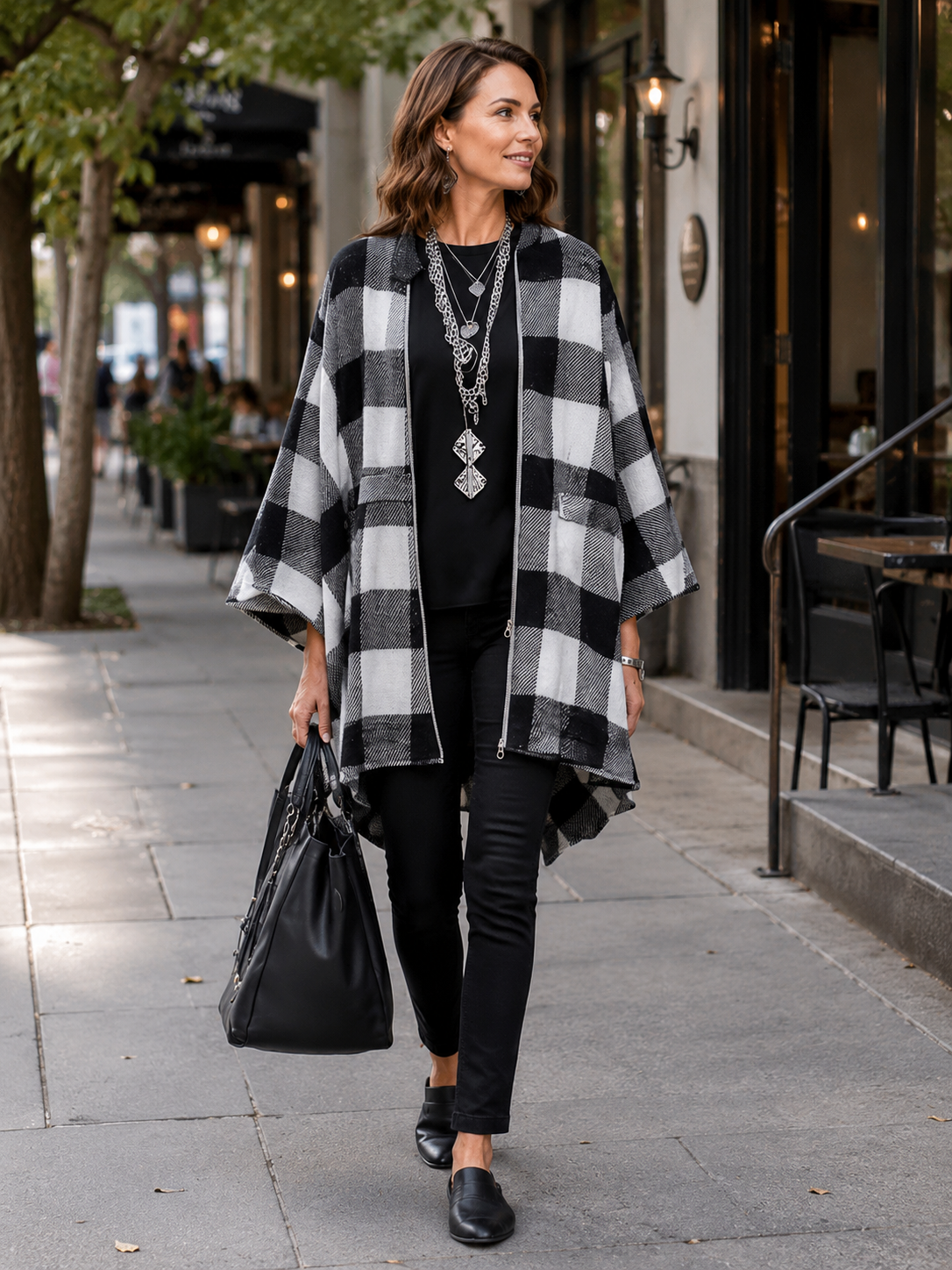 Women's Buffalo Check Poncho Cape Open Front Oversized Wrap Coat