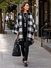 Women's Buffalo Check Poncho Cape Open Front Oversized Wrap Coat