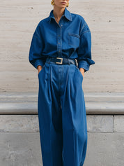 Minimalist Deconstructed Drop Shoulder Denim Blouse & Pleated Wide Leg Jeans Set