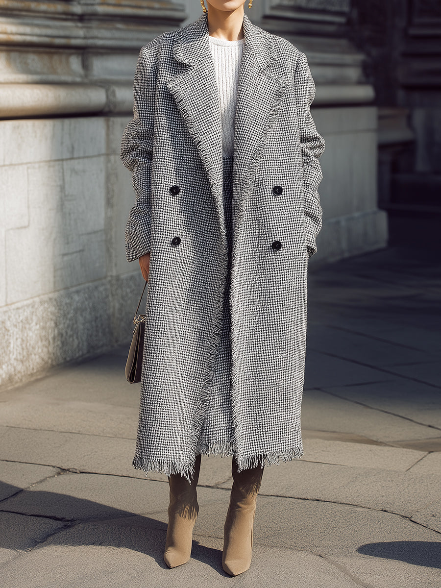 Old-Money Modern Heritage Ash Houndstooth Mid-calf Length Wool Coat