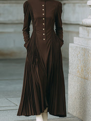 Old-Money High-Neck Accordion-Pleat Maxi Dress