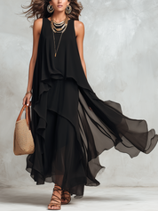 Bohemian Black Layered Chiffon Maxi Dress