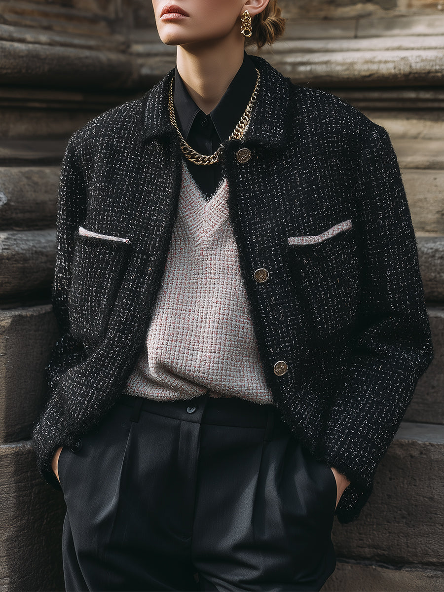 Old Money Contrast Tweed Raw Edge Trim Straight Jacket