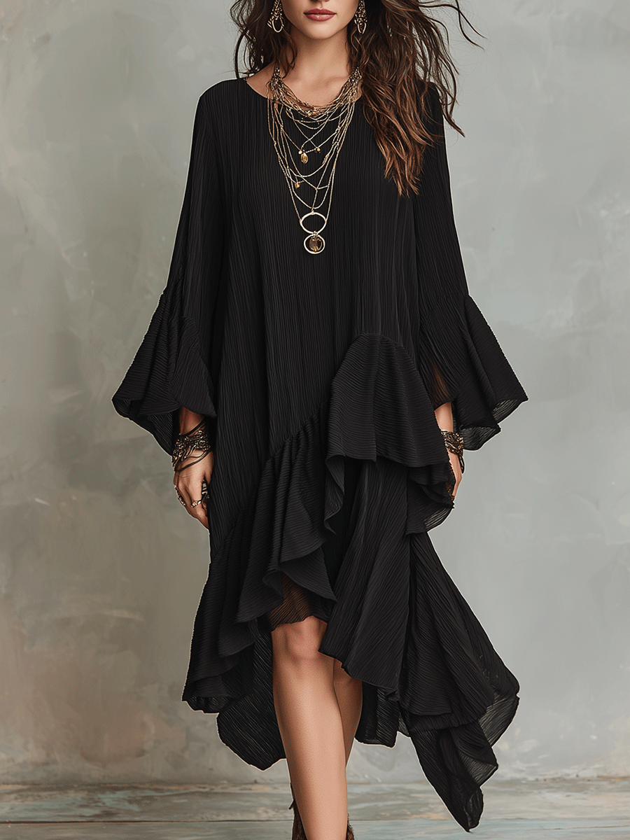 Asymmetric Ruffle Black Boho Midi Dress with Flowy Sleeves | Gloeria GLOERIA Asymmetric Ruffle Black Boho Midi Dress with Flowy Sleeves | Gloeria GLOERIA