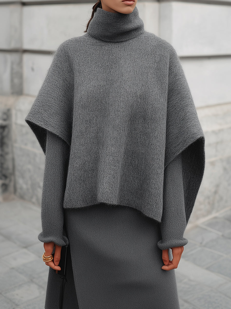 Stylish Turtleneck Cape Sweater & Earring Cuffs And Hem Slit Mini Dress Set