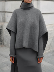 Stylish Turtleneck Cape Sweater & Earring Cuffs And Hem Slit Mini Dress Set