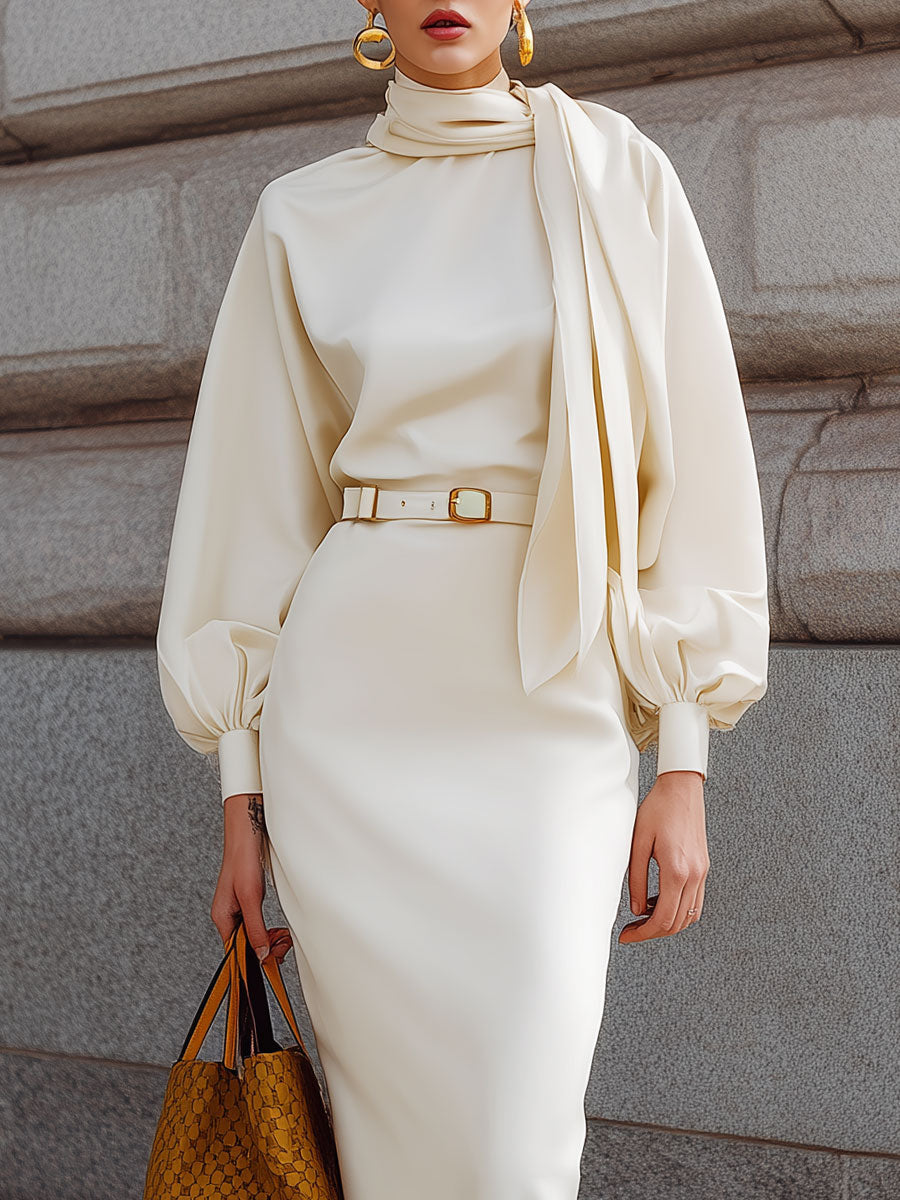 Commuting Lantern Sleeve Neckline Ribbon Midi Dress With Belt