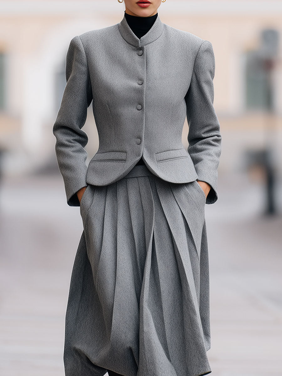 Minimalist Woolen Stand-collar Jacket & Pleated Skirt Set