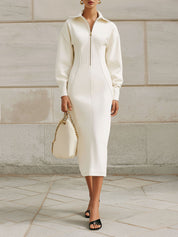 Deconstructed Front Half Zippered Off-shoulder Midi Dress