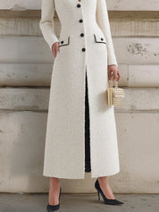 Androgynous Chic V-neck Tweed Contrast Pocket Waist Maxi Dress